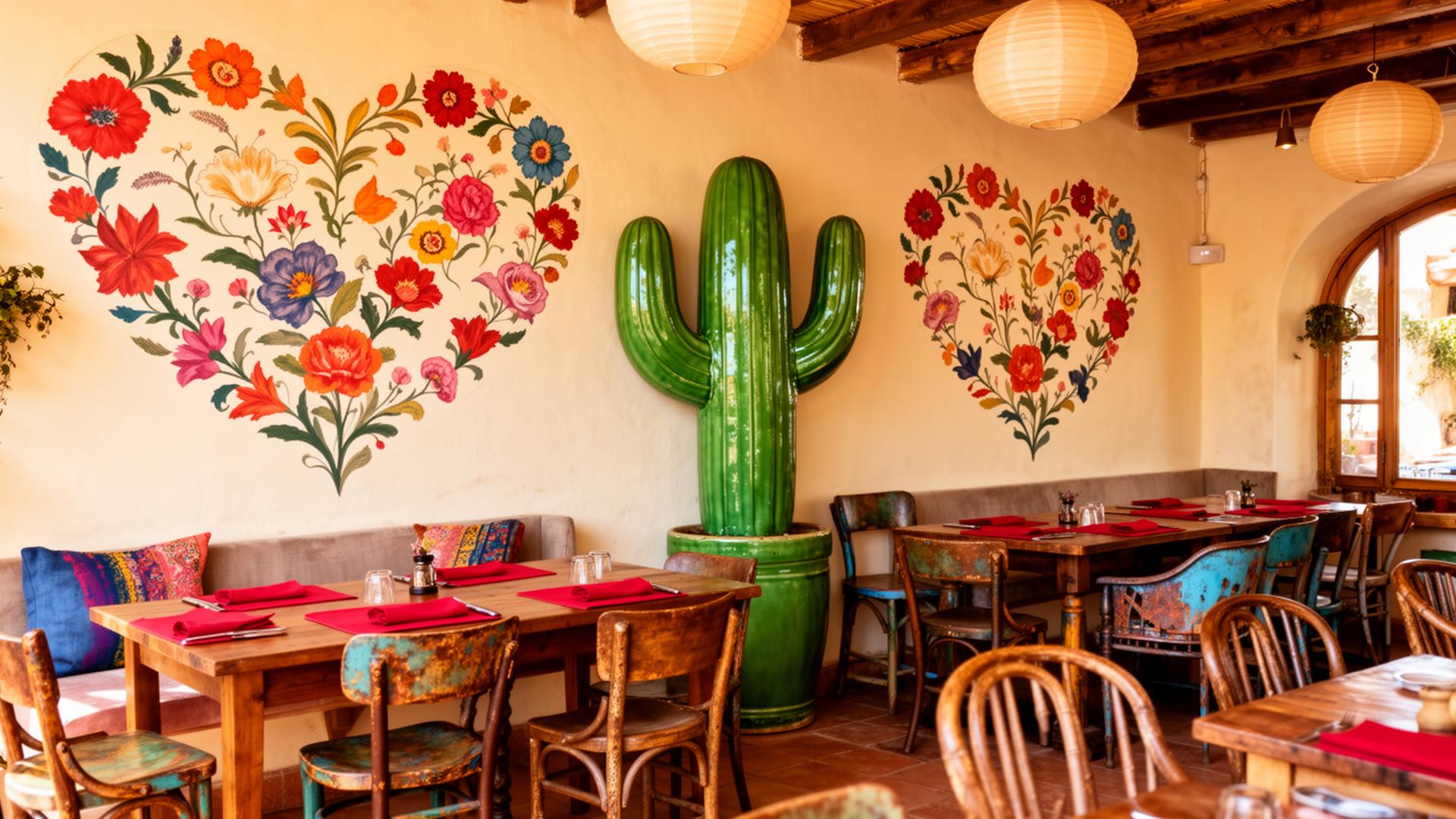 Interior bohemio de For Amur con murales, cactus de cerámica y manteles rojos