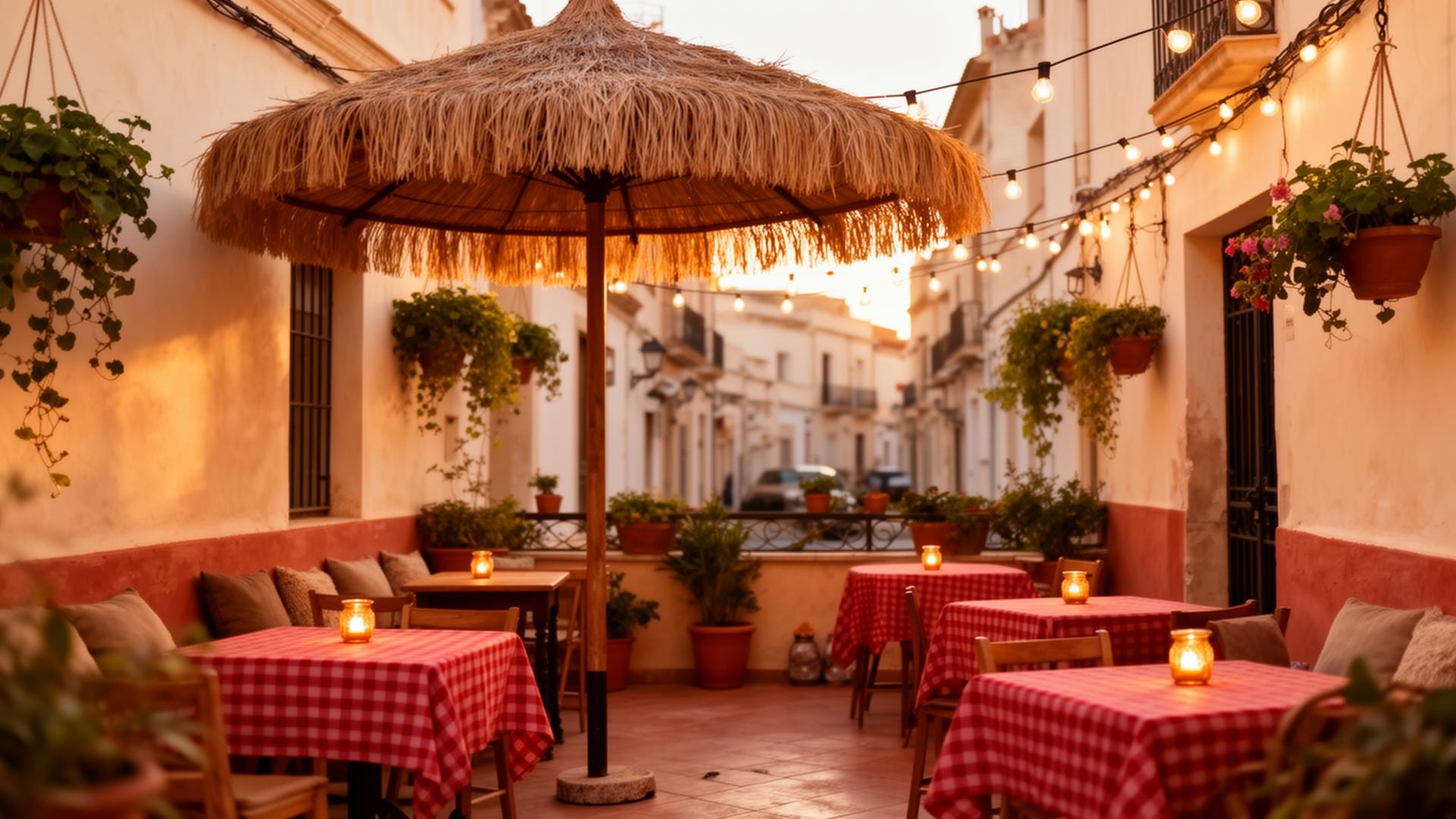 Terraza bohemia de For Amur en el casco antiguo de Dénia con sombrilla, plantas y manteles rojos